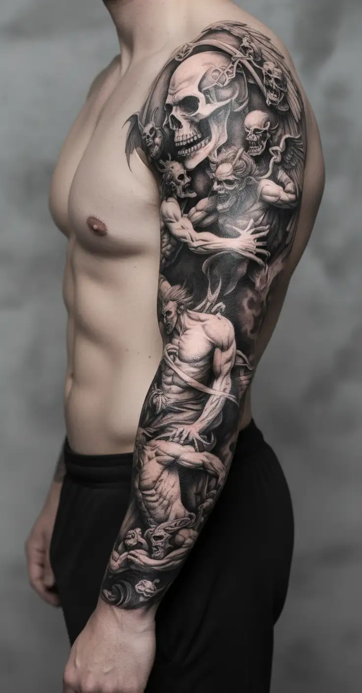 heaven vs hell theme with angels and demons fighting tattoo design idea