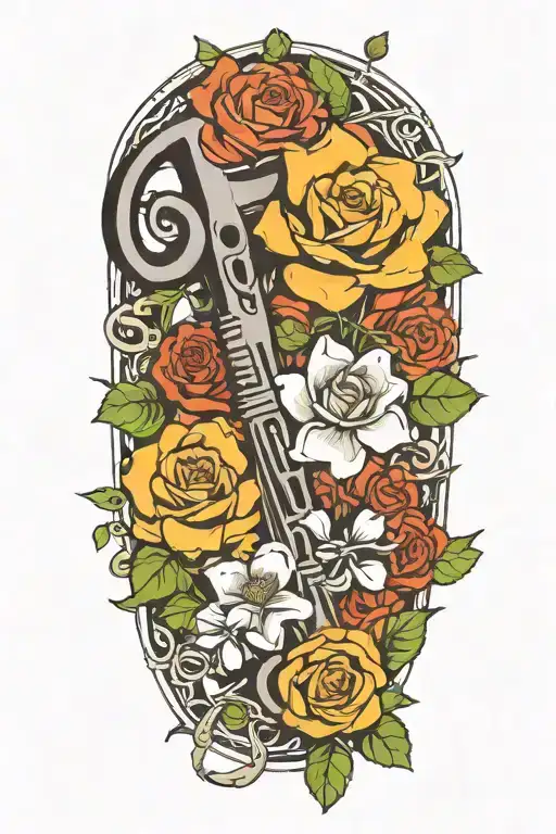 pipe wrench with roses and clovers tattoo design idea