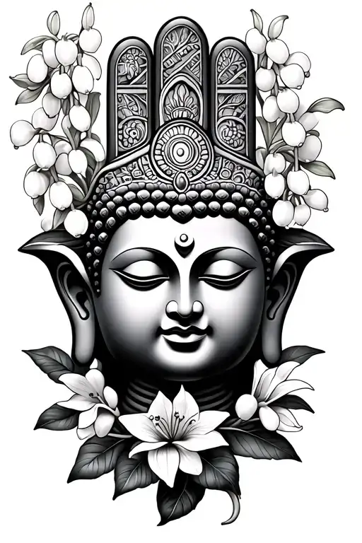 buddha, hamsa hand, lily of the valley flower, lo bueno y tattoo design idea