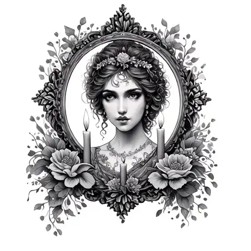 Full entire covered back tattoo, Victorian style, feminine, black and gray, mandala, Roman mirror, candles, lady face tattoo design idea