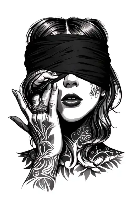 female blindfolded face, with one hand she makes her eye visible  tattoo design idea
