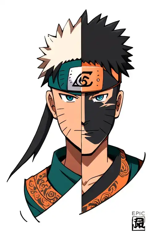 half naroto half jiraiya face joined together both in sage mode with epic naruto them background tattoo design idea