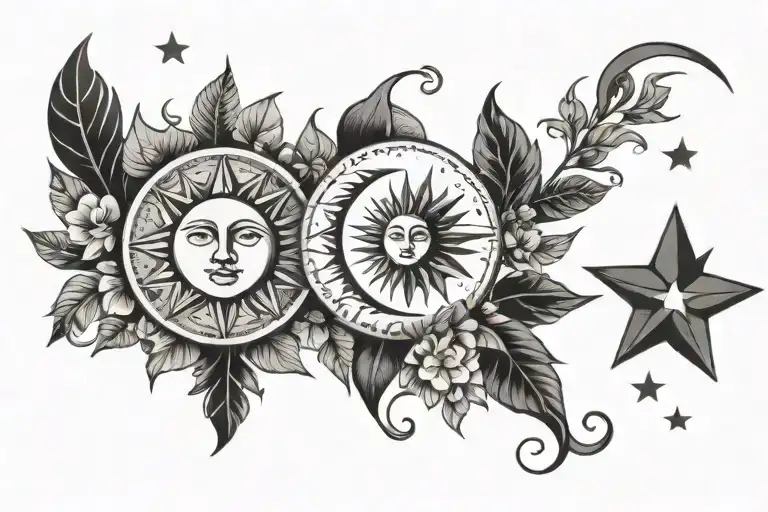 minimalistic simple sun moon and stars with greenery between them, long and skinny for wrist tattoo design idea