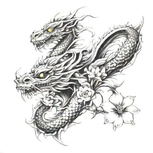 dragon in flowers tattoo design idea