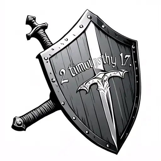 Shield with a sword going down the middle and "2 timothy 1:7" written in cursive diagonally in the shield  tattoo design idea