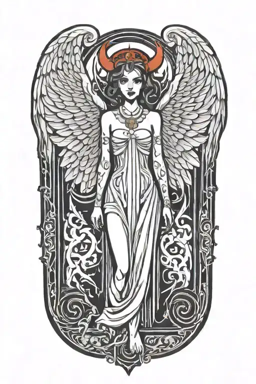 A small chested woman with angel wings and devil horns, standing at the gates of hell tattoo design idea