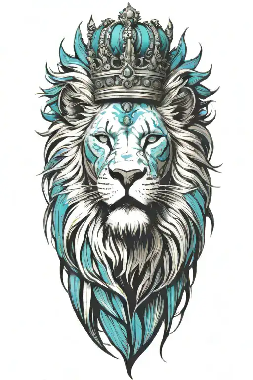 crowned lion roaring fiercely turquoise white black grey tattoo design idea