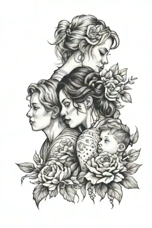 mom looking at two boys with flowers around it tattoo design idea