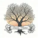 A tree with branches shaped like a heart, with a sunset behind it and family names in the leaves tattoo design idea