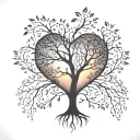 A tree with branches shaped like a heart, with a sunset behind it and family names in the leaves tattoo design idea