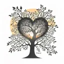 A tree with branches shaped like a heart, with a sunset behind it and family names in the leaves tattoo design idea