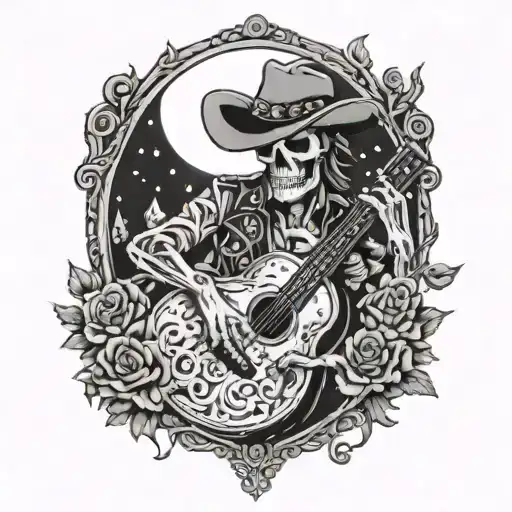 Skelton cowboy tombstone acoustic   tattoo design idea