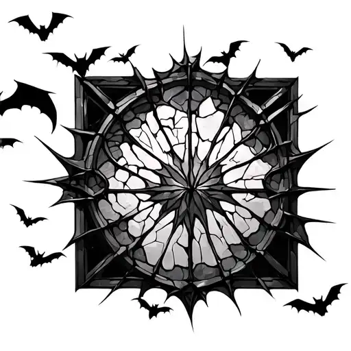 The intricate back piece of shattered stained-glass window with bats flying out, representing power and rebirth.  tattoo design idea