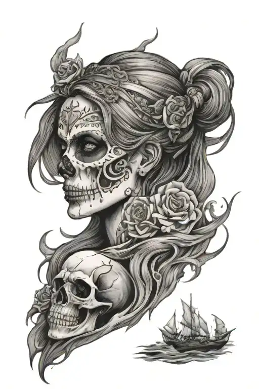 skull, fire, ocean scene,, girls face, tanker tattoo design idea