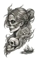 skull, fire, ocean scene,, girls face, tanker tattoo design idea