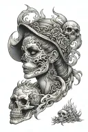 skull, fire, ocean scene,, girls face, tanker tattoo design idea
