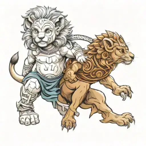 Little Spartan boy with a mythical lion creature as a pet  tattoo design idea