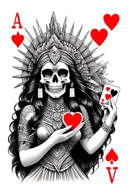 Aztec skull princess holding hearts playing card tattoo design idea