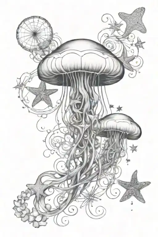 ocean theme on arm, small, slowly style with very fine lines, a jellyfish, starfish, shells, and little designs around tattoo design idea