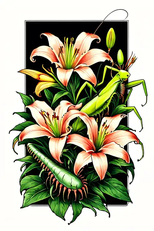 lilies intertwined with venus fly traps and one praying mantis tattoo design idea