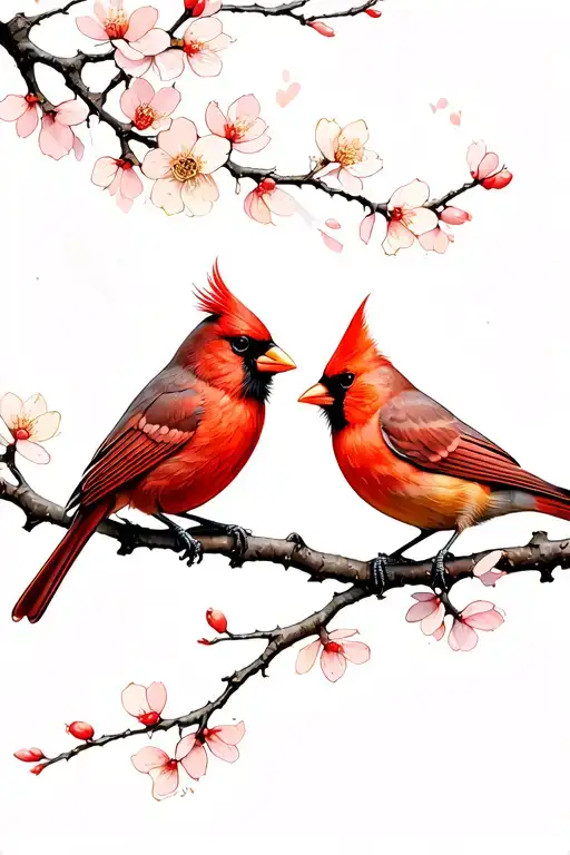 A male cardinal and a female cardinal looking at each other sitting on one cherry blossom branch tattoo design idea