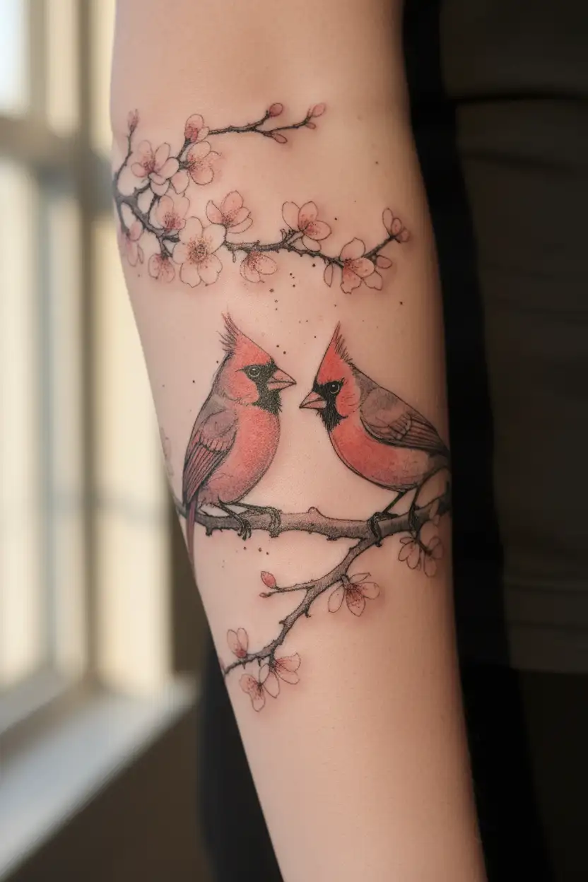 A male cardinal and a female cardinal looking at each other sitting on one cherry blossom branch tattoo design idea