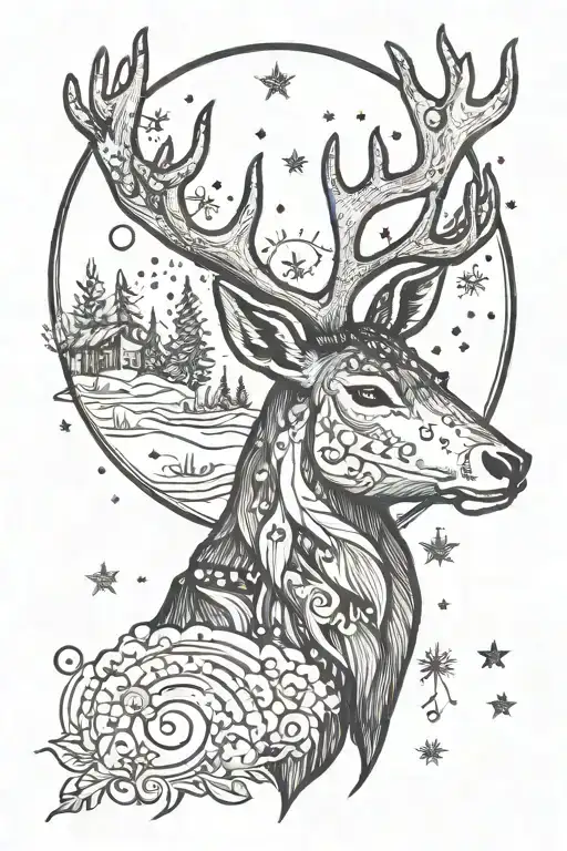 one reindeer on a snowy background  beneath a starry night sky with two moons tattoo design idea