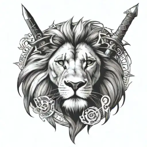 lion king with bible quotes and swords tattoo design idea
