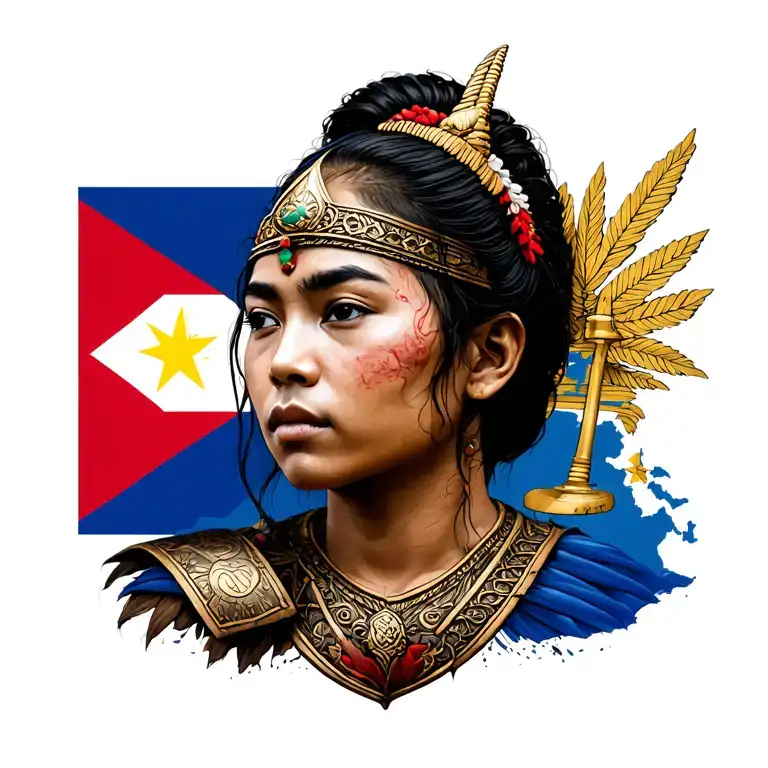 a face of a filipina warrior, Philippine flag, philippine map and the philippine national anthem in alibata tattoo design idea