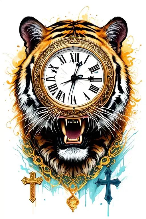 tiger head and clock or stop watch Roman numerals and cross and cool design tattoo design idea