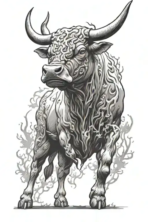 bull, fire and forest tattoo design idea