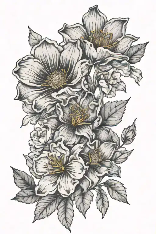 The Lou’s Name + date of birth august 24, 2024 + cosmos + marigold + narcissus + poppy + holly + gladiolus + breastfeedi tattoo design idea