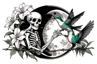 skeleton holding hummingbird flying, lilies growing on barbed wire and a half moon tattoo design idea