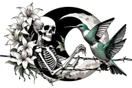 skeleton holding hummingbird flying, lilies growing on barbed wire and a half moon tattoo design idea