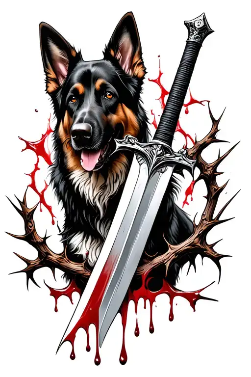 A sword intertwined with thorns and blood droplets with a german shepherd behind it tattoo design idea