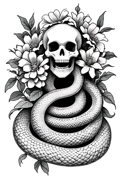 skeleton snake with flowers  tattoo design idea