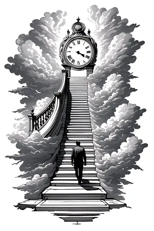 staircase to heaven with clouds surrounding the stairs and a man walking up the stairs towards a clock tattoo design idea