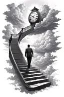 staircase to heaven with clouds surrounding the stairs and a man walking up the stairs towards a clock tattoo design idea