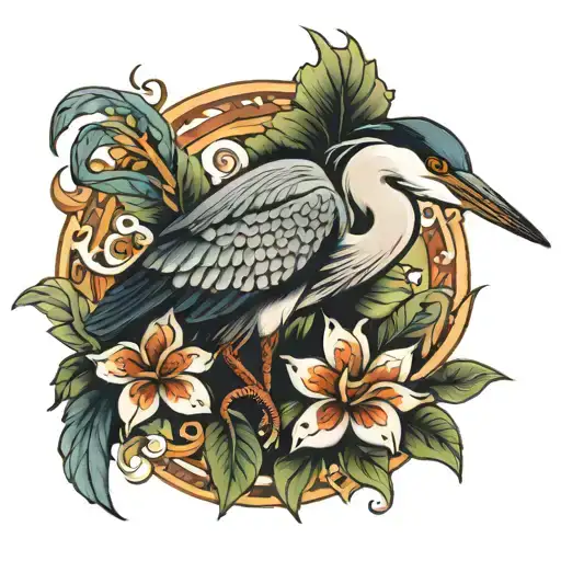 heron bird with azucena tattoo design idea