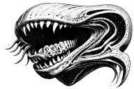 Cosmic Alien Romulis elongated muzzle with an open mouth with fangs in saliva tattoo design idea
