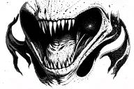 Cosmic Alien Romulis elongated muzzle with an open mouth with fangs in saliva tattoo design idea