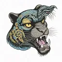 Black panthers head facing forward with open mouth in color tattoo design idea