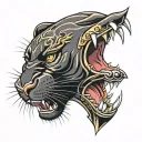 Black panthers head facing forward with open mouth in color tattoo design idea