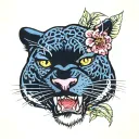 Black panthers head facing forward with open mouth in color tattoo design idea