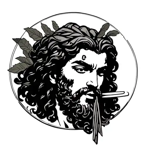 Fine lines old greek aquaman eating pasta or pizza with leaves round tattoo design idea