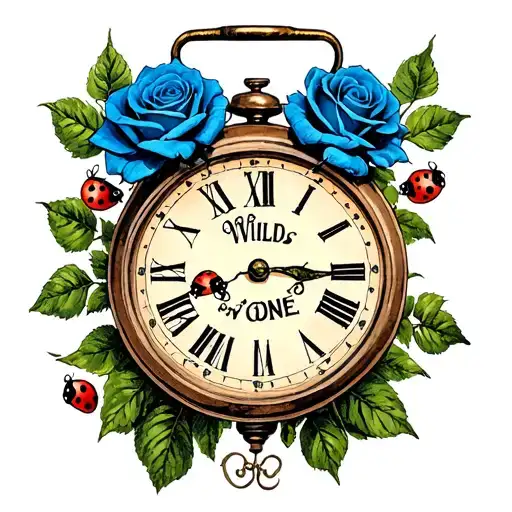 blue roses withba clock with the words Wild One wrapped and little lady bugs tattoo design idea