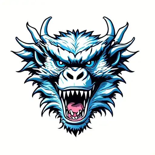 Gorrila showing its teeth with blue eyes white dragon tattoo design idea