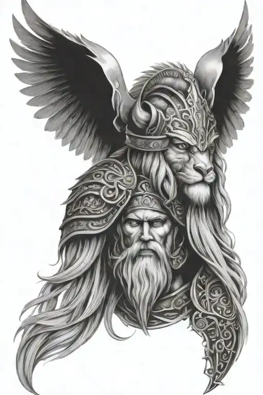 full sleeve nordic tattoo, odin wearing a lions head for a helm, sexy valkyrie bog boobs, wolfs head, owls head tattoo design idea