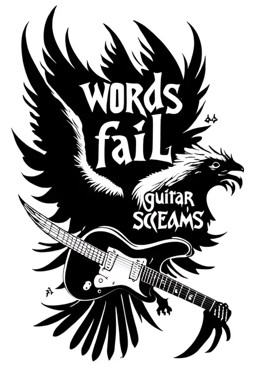 "words fail guitar screams" phoenix flying tattoo design idea