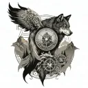 wolf and compass surrounded by mountains rising Phoenix tattoo design idea